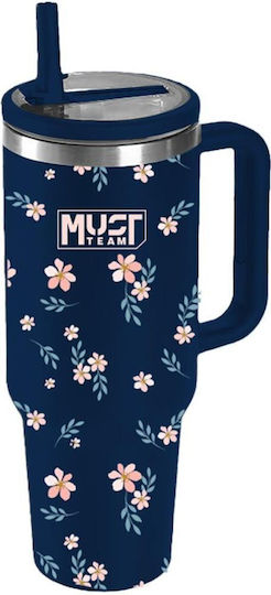 Must Team Ποτήρι Θερμός Ανοξείδωτο 900ml Floral με Καλαμάκι