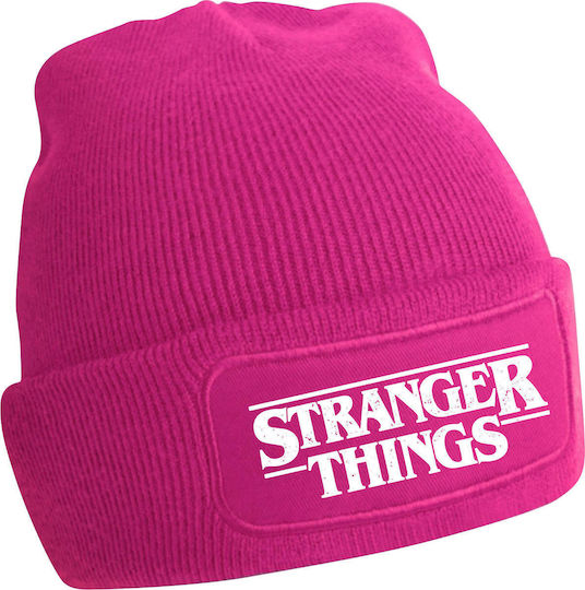 Stranger Things Beanie Unisex Beanie with Rib Knit in Fuchsia color