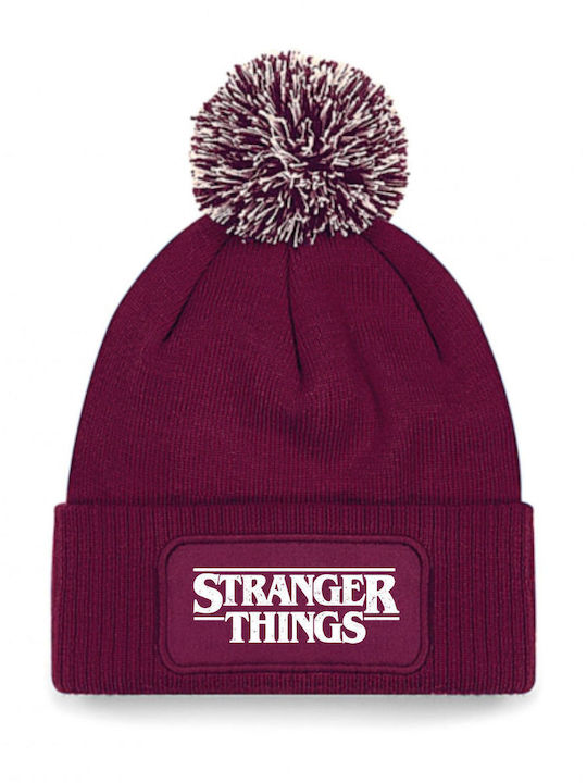 Stranger Things Beanie Unisex Beanie with Rib Knit in Burgundy color