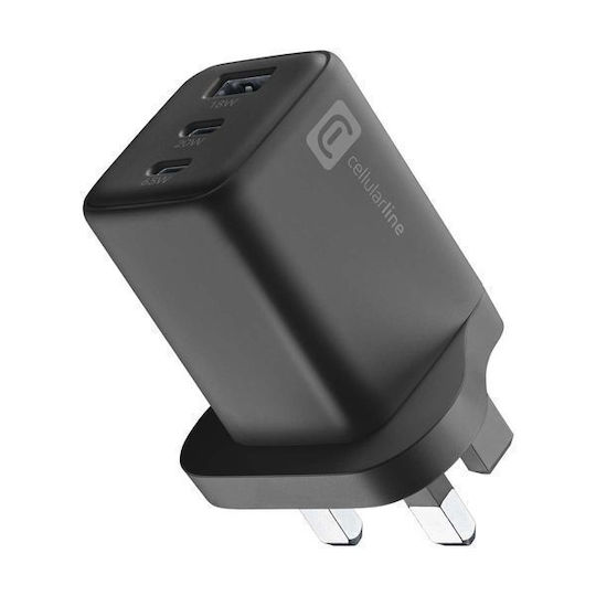 Cellular Line Încărcător Fără Cablu GaN cu Port USB-A și 2 Porturi USB-C 65W Negru (Multipower Nano UK)