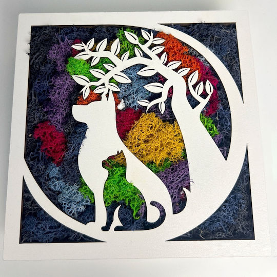 Dekoratives Bild Stabilisierte Flechten Katzensilhouetten Baum Leben 20x20 cm Mehrfarbig