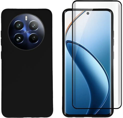 Redshield Set Umschlag Rückseite Silikon / Gehärtetes Glas Schwarz (Realme 12)