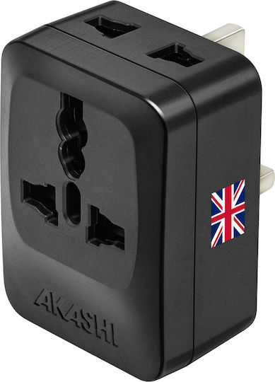 Akashi Адаптер За Пътуване Тип G UK HK Сингапур 3 Контакта Черен