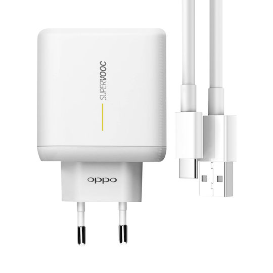 Oppo Зарядно с вграден кабел с USB-A порт USB-C 65W Бял (VCA7GACH)