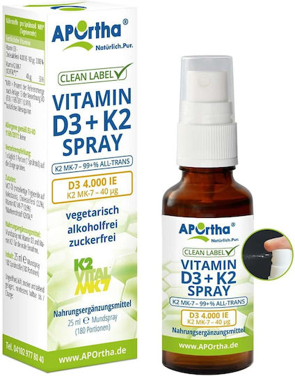 Aportha Vitamin D3 + K2 Βιταμίνη για Ενίσχυση του Ανοσοποιητικού & την Υγεία των Οστών 4000iu 25ml