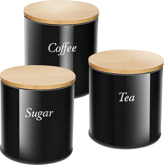 Cheffinger Set 3 Stainless Steel Boxes Bamboo Lid Coffee Sugar Tea Black Brown Cheffinger Set 3 Stainless Steel Boxes Bamboo Lid Coffee Sugar Tea Black Brown
