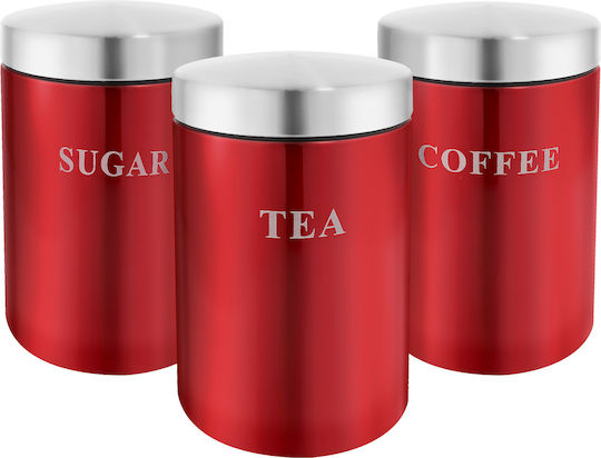 Cheffinger Lot 3 Stainless Steel Boxes Coffee Tea Sugar Airtight Red