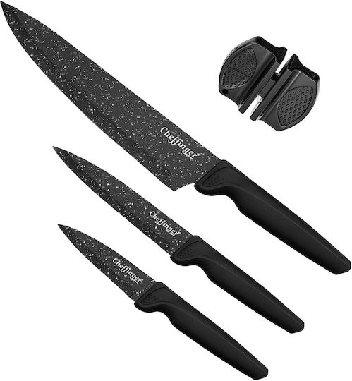 Cheffinger Set 4 Chef Kitchen Knives Marble Coating Sharpener Black