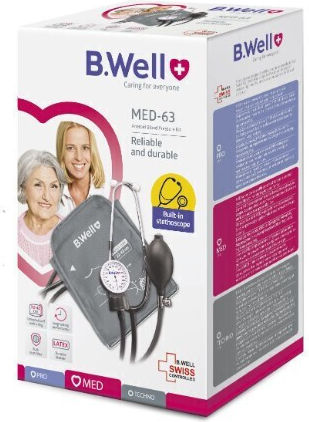 Med-63 Aneroid Blood Pressure Kit Comfort Built-in Stethoscope Cuff Metal Ring Latex Bladder B.well