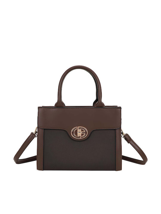 Gallantry Vionna Bi-material Women's Handbag Rigid Handles Turn Lock Dark Brown