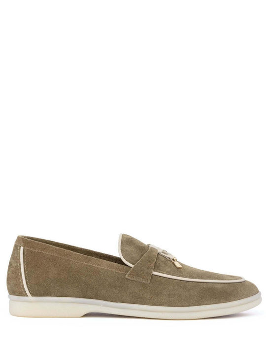 Leather Women's Loafers in Green Color