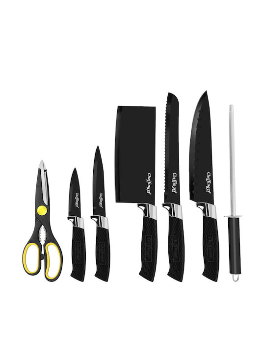 Cheffinger Set Cuțite 7 Piese Ușor Rezistent la Coroziune Suport Negru Argintiu