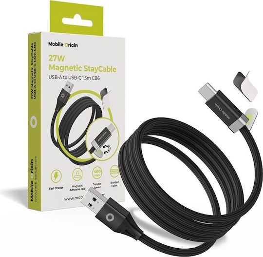Mobile Origin Magnetic / Braided USB 2.0 Cable USB-C male - USB-C / USB-A 27W Μαύρο 1.5m MO-27WMS-CB6