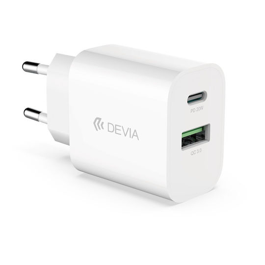 Devia Charger Without Cable with USB-A Port and USB-C Port 20W Power Delivery Whites (Smart PD)