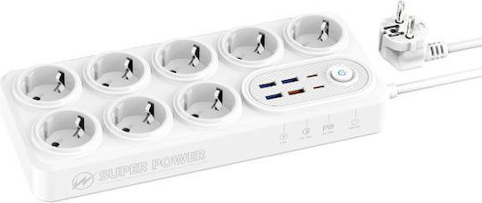 Moxom Πολύπριζο 8 Θέσεων με USB-A, 2 USB-C, Διακόπτη και Καλώδιο 2m