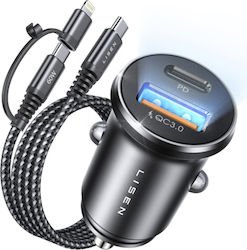 Lisen Car Charger with Ports 1xUSB-A 1xType-C and Cable Type-C / Lightning Lisen Car Charger with Ports 1xUSB-A 1xType-C and Cable Type-C / Lightning