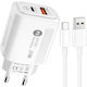 Kouvolsen Φορτιστής με Θύρα USB-A και Θύρα USB-C και Καλώδιο USB-C 20W Power Delivery / Quick Charge 3.0 Λευκός (CX-174c)