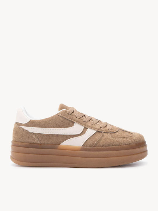 Μπεζ Suede Sneakers Flatform Σόλα