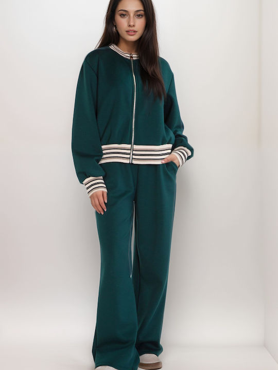 Women's Cypress Green Set with High-waisted Pants Striped