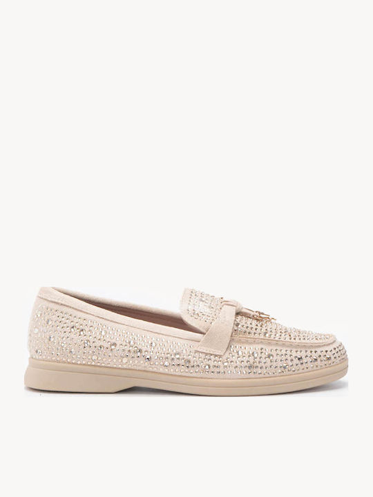 Beige Damen Mokassins Loafers Mit Strass Dekora...