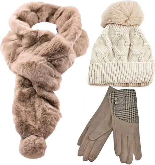 Set with Beanie Knitted in Beige color