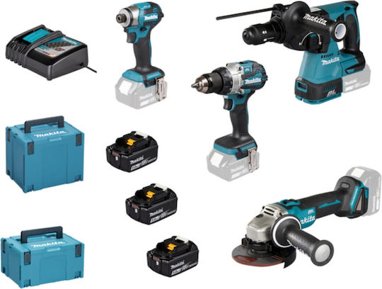 Makita DLX4195JX1 Σετ Γωνιακός Τροχός, Κρουστικό Δραπανοκατσάβιδο, Παλμικό Κατσαβίδι & Πιστολέτο 18V με 3 Μπαταρίες 5Ah και Θήκη