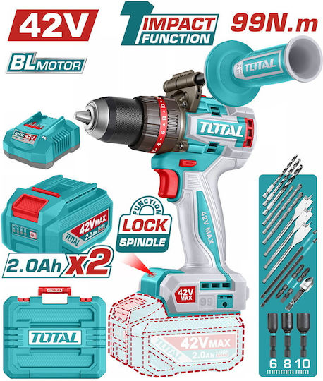 Total TIDLI429982E Percussive Brushless Battery Drill Driver 42V 2x2Ah