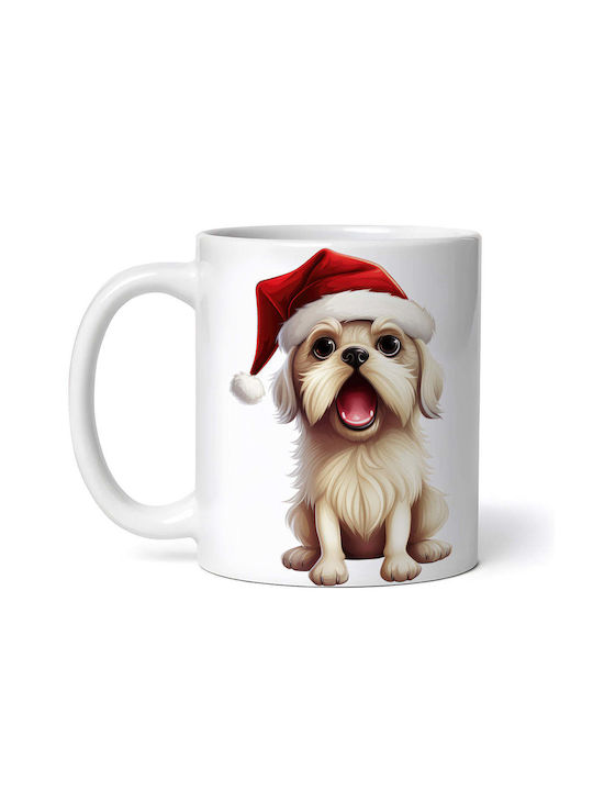 Pekingese With Christmas Hat Ornament de masă de Crăciun Cană Alb