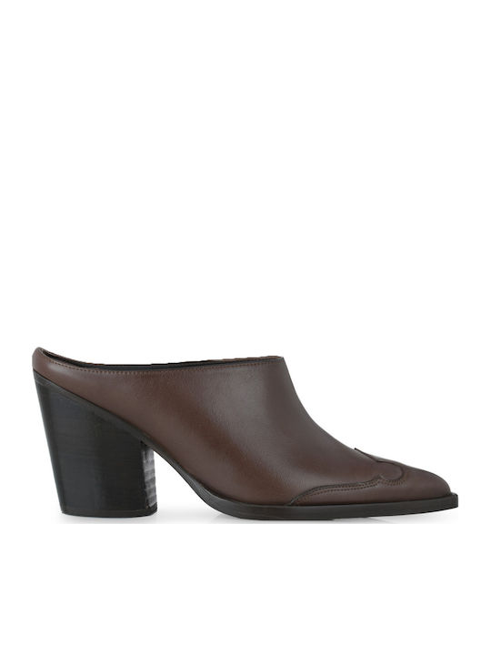 Leather Mules with High Heel in Brown Color