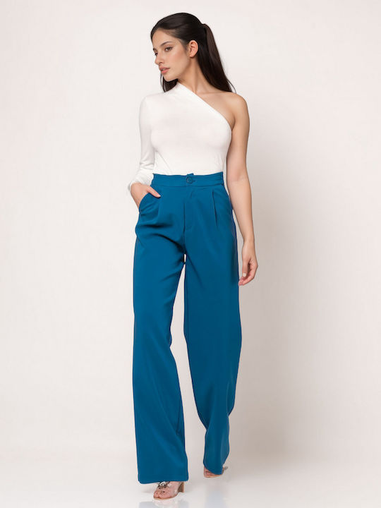 Noobass Women's High-waisted Fabric Trousers Blue
