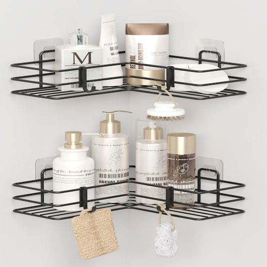 Femmit Premium Corner Bathroom Shelf L 2pcs Black Matte Self-Adhesive Anti-Rust & Waterproof 26x26x11cm
