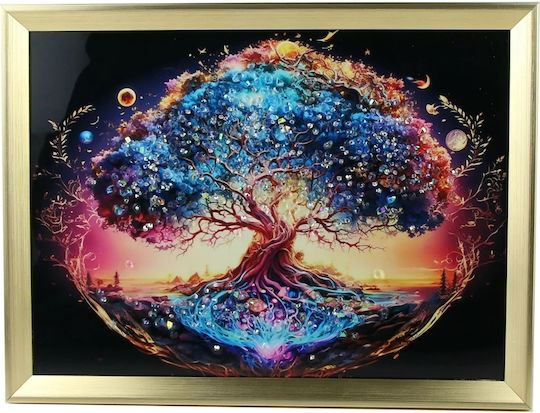 Relief Effekt Gemälde Baum Leben Kiesel in Goldenen Rahmen 40x30 cm