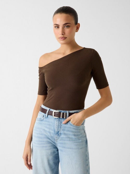 Women's Blouse with One Shoulder Brown