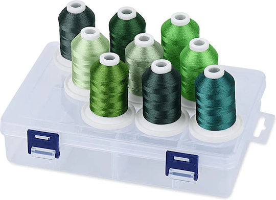 Embroidery Thread Set 9 Spools 730 M Multicolor Storage Box Green Shades