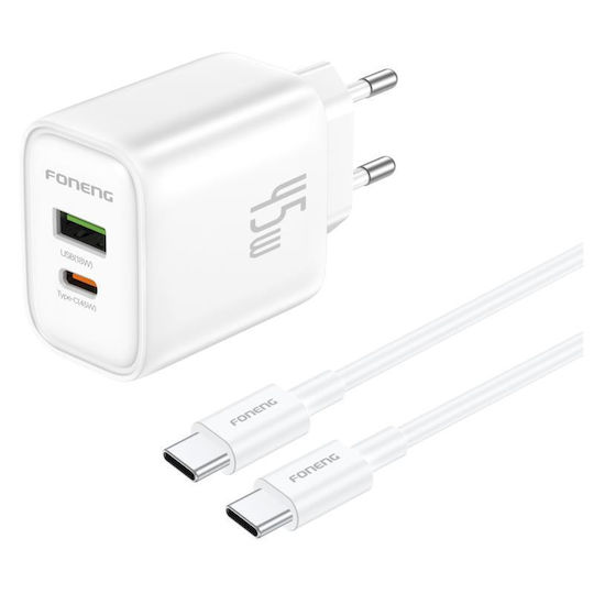 Foneng Φορτιστής GaN με Θύρα USB-A και Θύρα USB-C και Καλώδιο USB-C - USB-C 45W Power Delivery Λευκός (EU67)