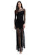 Maxi Evening Dress Drape with Lace Black