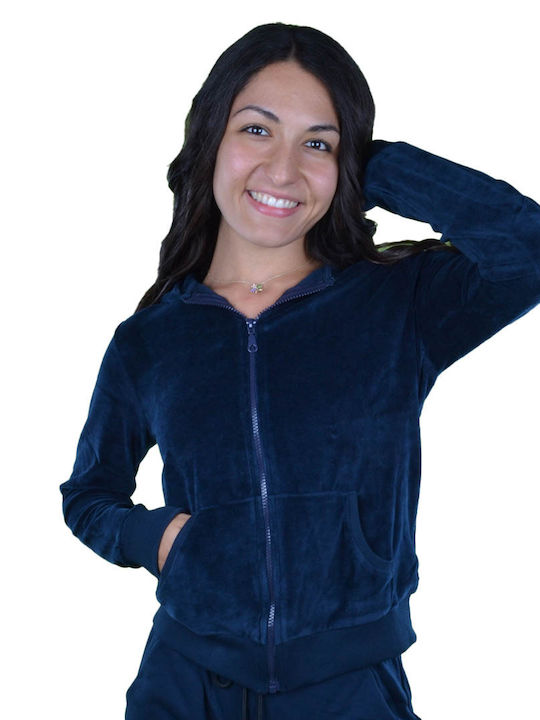 Women's Sweatshirt Jacket Velvet Hooded Navy Blue