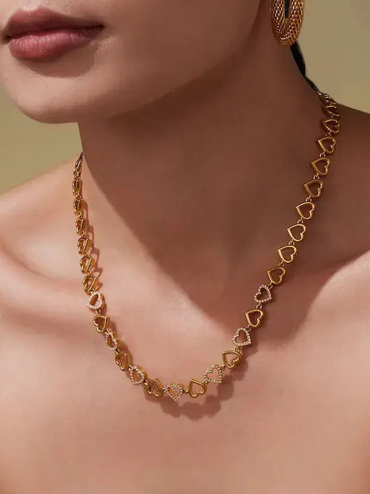 Necklace with design Heart from Gold Plated Steel with Zircon