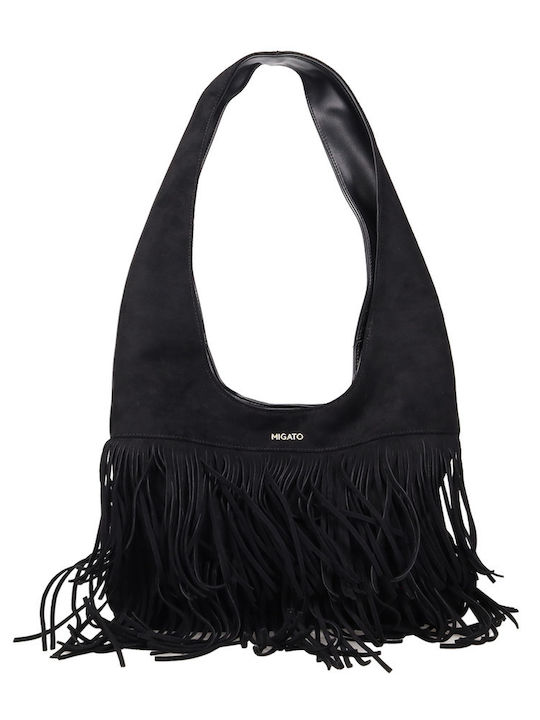 Women's Shoulder Bag Suede with Fringes Black