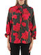 Women's Satin Floral Long Sleeve Shirt Red