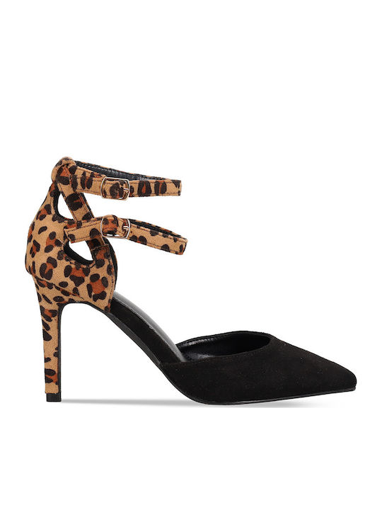 Pointed Toe Black Heels with Strap Animal Print
