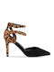 Pointed Toe Black Heels with Strap Animal Print