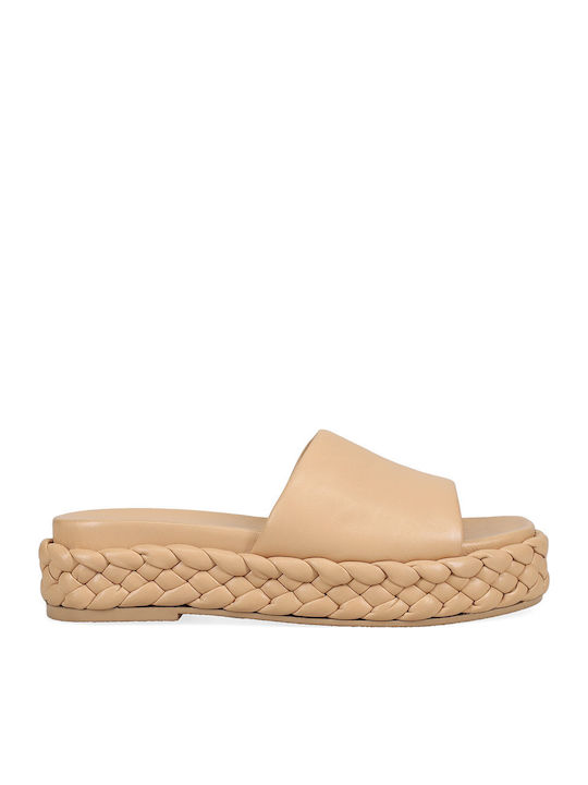 Leder Flache Sandalen für Damen Flatforms in Beige Farbe