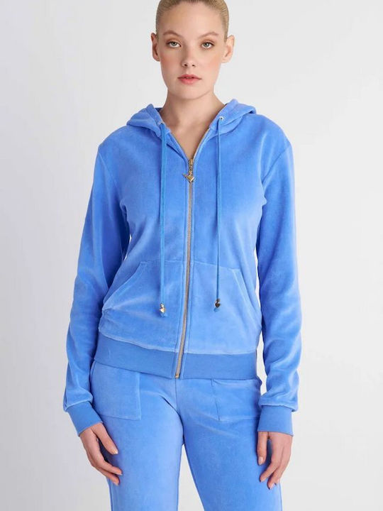 Women's Sweatshirt Jacket Velvet Hooded Light Blue