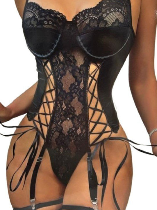 Sexy Lace & Satin Bodysuit Λεπτομέρειες Garter Μαυρο