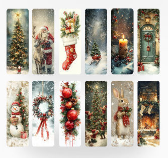 Set 12 Semne de Carte de Crăciun Obro Christmas Classics Ilustrații Vintage Premium Lucioase din Carton Foto