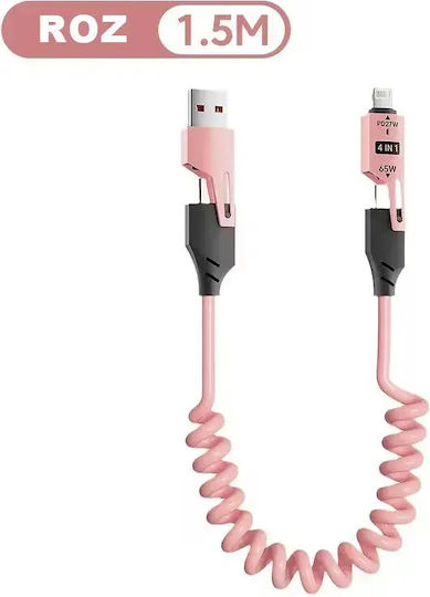 4 В 1 Дата Кабел Бързо Зареждане Usb Lightning Type-c Гъвкав Компактен 1.5м Розов Abyz