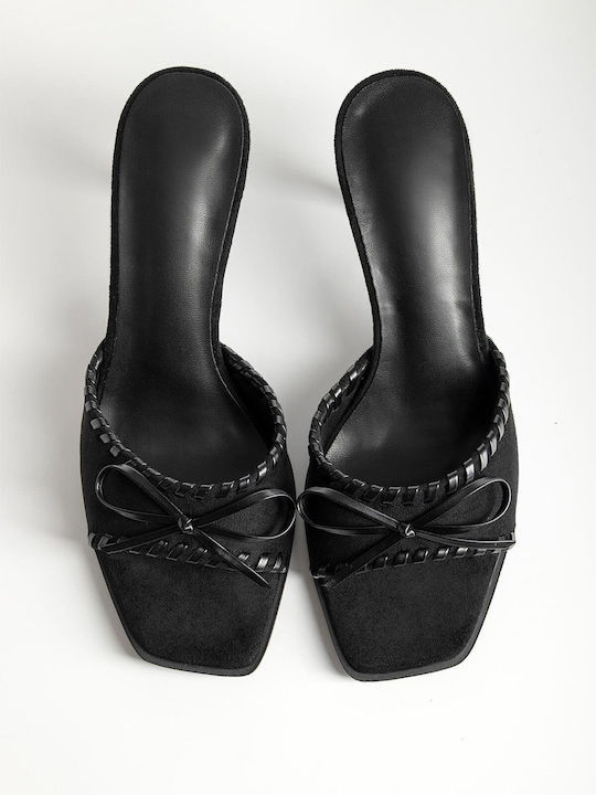 Suede Mules with Thin High Heel in Black Color