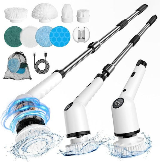Perie Electrică Rotativă Curățare Eficientă Inco Multifuncțională Fără Fir Mâner Extensibil Afișaj Digital Lcd 9 Capete Diferite Suprafețe Diverse 3 Viteze Reglabile Usb Tip-c Baterie Reîncărcabilă 2500mah Baterie Albă