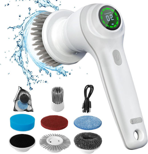 Perie Electrică Rotativă Curățare Eficientă Fără Efort Inco Multifuncțională Fără Fir Mâner Fix Afișaj Digital Lcd 7 Capete Diferite Suprafețe Variate 2 Viteze Reglabile Usb Tip-c Baterie Reîncărcabilă 2500mah Viteză 450 Rpm Albă